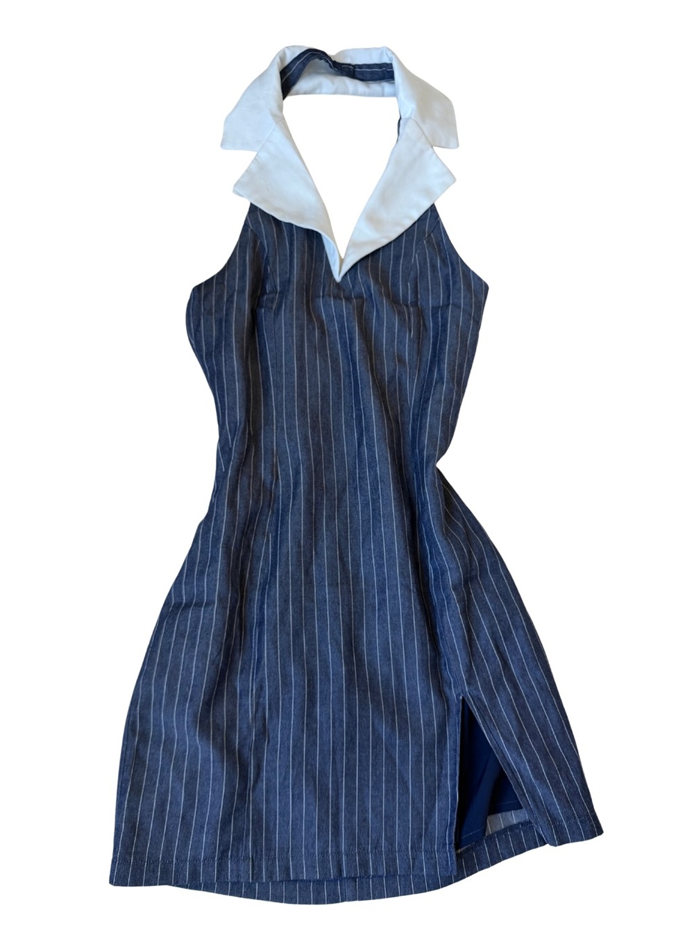 Navy Pinstripe Halter Dress with White Collar